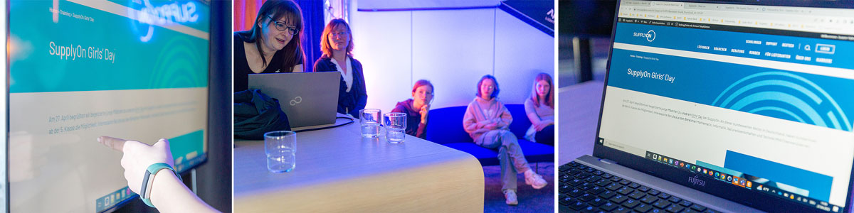 A person points to a Supply Chain Day screen while others, possibly from Girls Day, sit and watch; a laptop displays the same event’s webpage.
