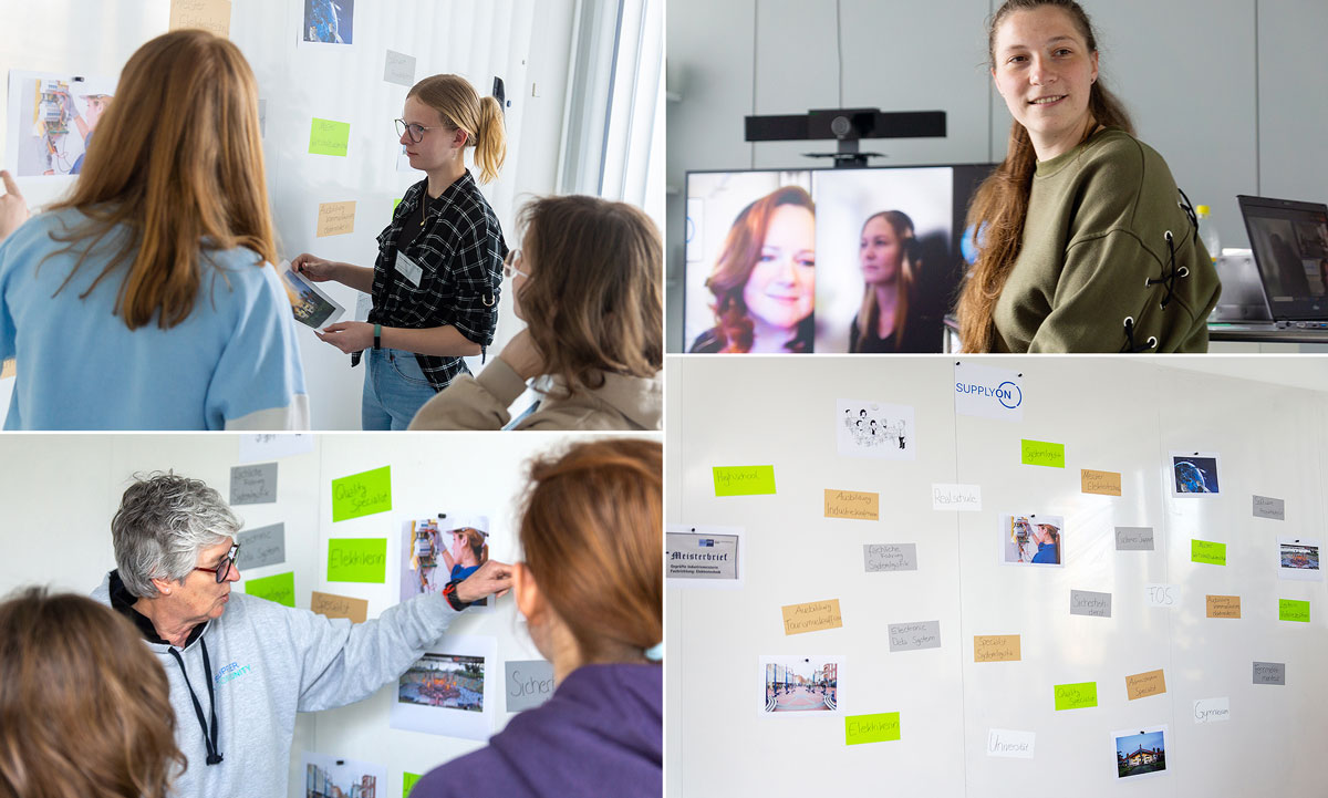 Three photos show people discussing and arranging colored notes and photos on a whiteboard, with one person attending via video call on a monitor—capturing the teamwork and creativity often seen during Girls Day activities.
