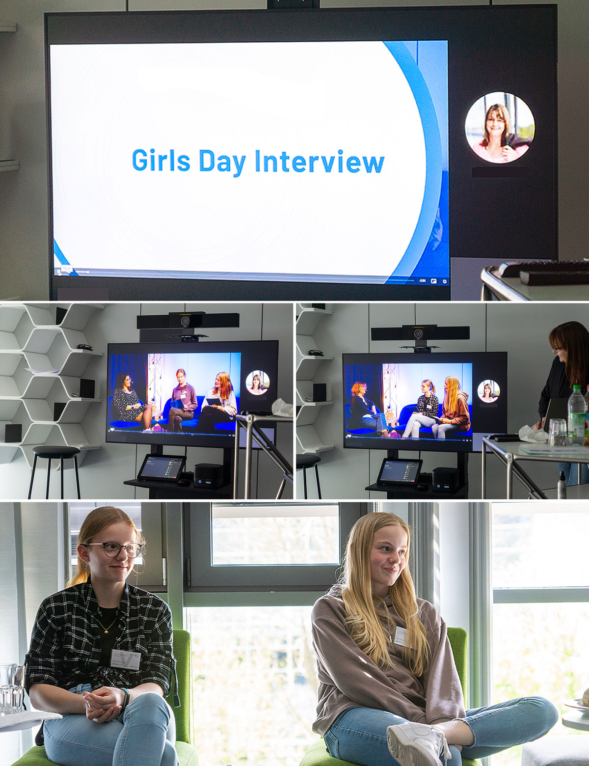 A presentation titled Girls Day Interview is displayed on a screen, followed by images of a video call interview and two girls sitting and listening attentively.