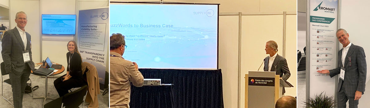Three images show a man in a suit at a conference expo: speaking at a podium, sitting at a booth with another person, and pointing at the conference schedule sign.