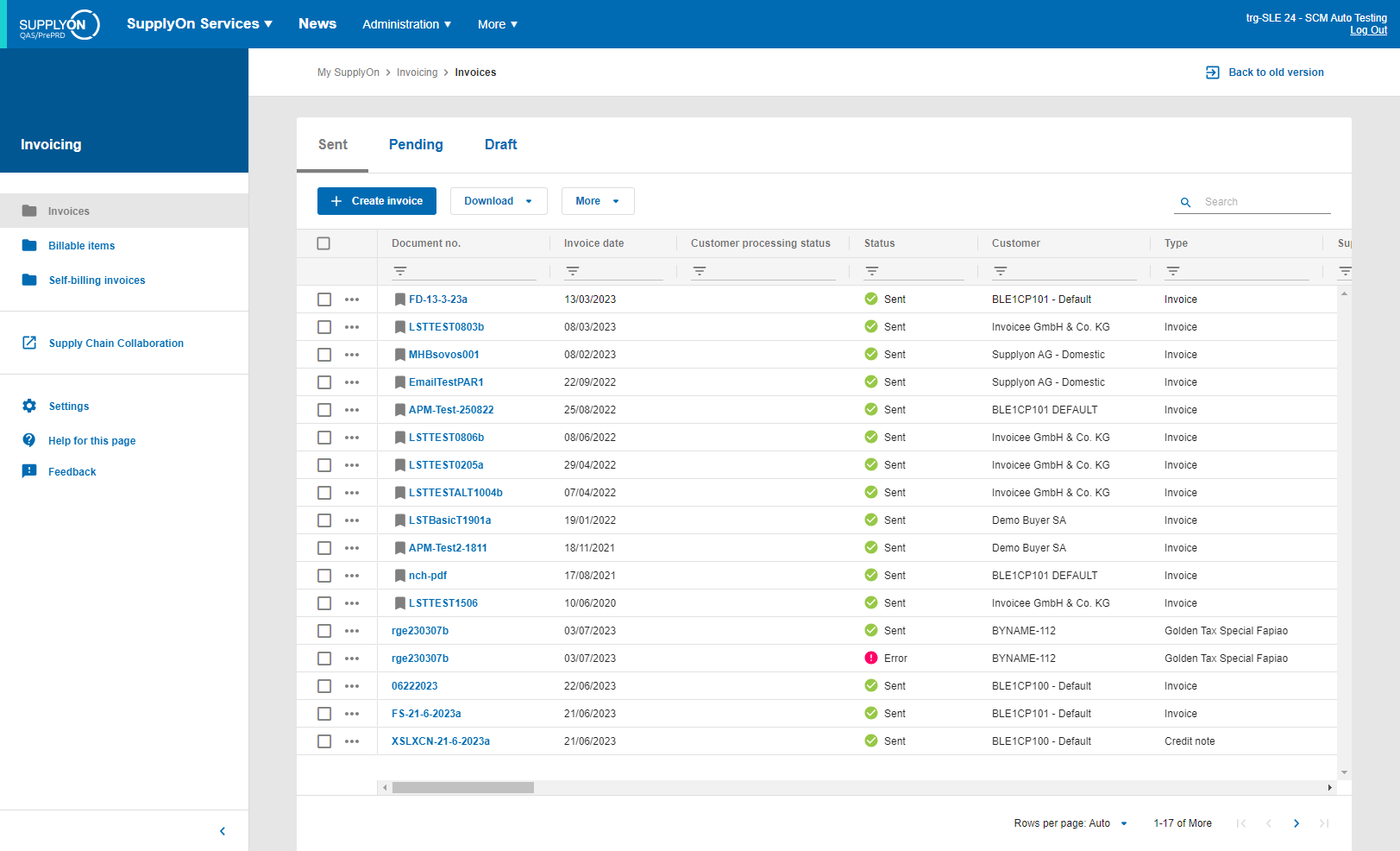 Invoice list overview