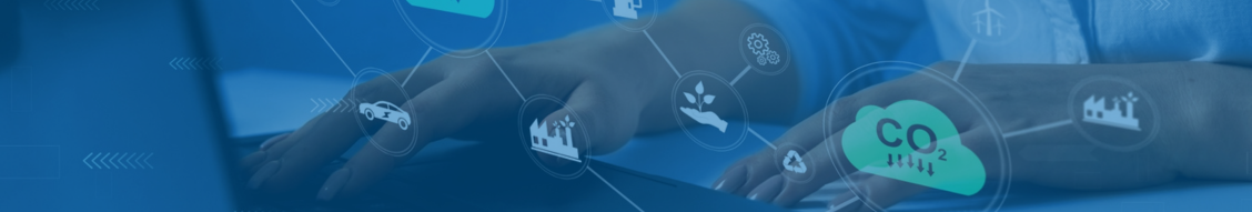 Hands typing on a laptop keyboard with transparent overlay icons related to sustainability, including a CO2 symbol, factories, and eco-friendly imagery—highlighting the role of an AI Chat-Bot in promoting green solutions.