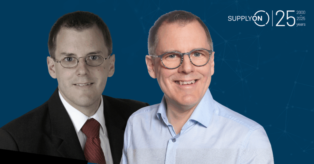 Two men pose in front of a blue background with the SupplyOn 25th anniversary logo, one wearing a suit and tie and the other in a light blue shirt and glasses.