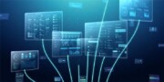 Digital dashboards with charts and data visualizations are interconnected by glowing lines, suggesting networked data analysis in a virtual environment.