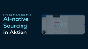 On-demand demo promotion for AI-Native Sourcing in Aktion by SupplyOn, featuring a blurred screenshot of a software interface with a play button overlay.