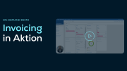 A promotional graphic for an on-demand demo titled Invoicing in Aktion by SupplyOn, featuring a dashboard screenshot and a play button overlay.