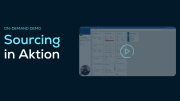 Screenshot of a SupplyOn on-demand demo titled Sourcing in Aktion with a blurred interface and a play button overlay.