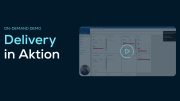 A dark-themed promo image for an on-demand demo titled Delivery in Aktion by SupplyOn, showing a blurred software dashboard with a play button.