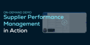On-demand demo announcement for Supplier Performance Management platform, featuring a blurred dashboard interface and play button icon.