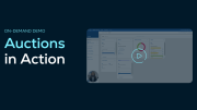 Screenshot of a SupplyOn platform demo titled Auctions in Action, featuring a play button overlay and a dashboard interface.