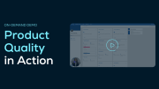 On-demand demo titled Product Quality in Action by SupplyOn, featuring a video player interface with dashboard elements on a dark background.