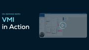 A demo slide for VMI in Action by SupplyOn, featuring a blurred software dashboard screenshot and a play button for an on-demand video.